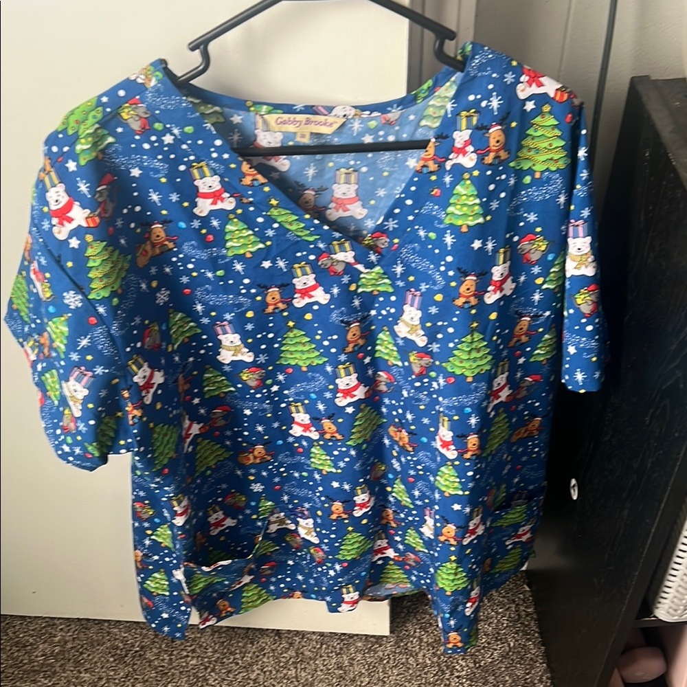 Blue Holiday Print Scrub Top